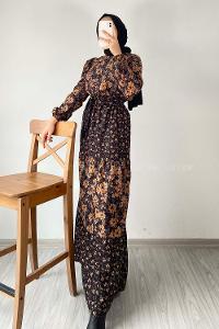 Modalamelif Yarım Balıkçı Yaka Kuşak Bağlamalı Çiçek Desenli Elbise Siyah