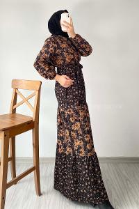 Modalamelif Yarım Balıkçı Yaka Kuşak Bağlamalı Çiçek Desenli Elbise Siyah