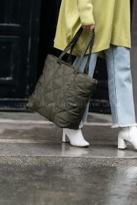 Lamelif Puf Kumaş Kapitone Desenli Çanta Haki Yeşil