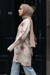 Modalamelif V Yaka Boydan Düğmeli Papatya Desen Hırka Bej