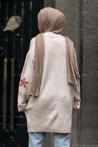 Modalamelif V Yaka Boydan Düğmeli Papatya Desen Hırka Bej