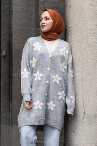 Modalamelif V Yaka Boydan Düğmeli Papatya Desen Hırka Gri