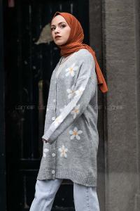 Modalamelif V Yaka Boydan Düğmeli Papatya Desen Hırka Gri