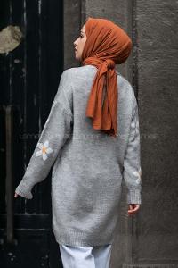 Modalamelif V Yaka Boydan Düğmeli Papatya Desen Hırka Gri