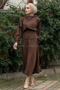 Modalamelif Kapüşonlu Hırka Ve Etek İkili Takım Acıkahve
