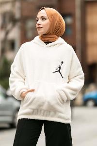 Modalamelif Kapüşonlu Jordan Nakışlı Peluş Sweat Ekru