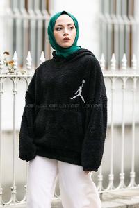 Modalamelif Kapüşonlu Jordan Nakışlı Peluş Sweat Siyah