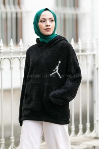 Modalamelif Kapüşonlu Jordan Nakışlı Peluş Sweat Siyah