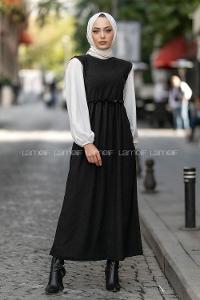 Modalamelif Kol Garnili Beli Büzgü Detaylı Triko Elbise Siyah