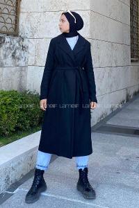 Modalamelif Kuşak Bağlamalı Kaşe Kaban Siyah