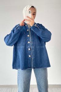 Modalamelif Çift Cepli Kot Gömlek Koyu Mavi