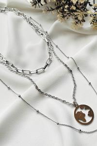 Modalamelif Gümüş 3Lü Kombin Dünya Detaylı Kolye