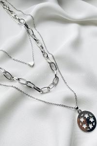 Modalamelif Gümüş 3Lü Kombin Kalp Detay Yıldızlı Kolye