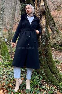 Modalamelif Kürk Detaylı Astarlı Kaşe Kaban Siyah