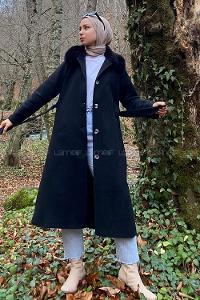 Modalamelif Kürk Detaylı Astarlı Kaşe Kaban Siyah