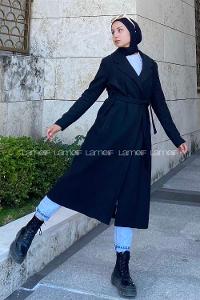 Modalamelif Kuşak Bağlamalı Kaşe Kaban Siyah