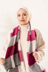 Modalamelif Ekose Kare omuz şal Fuşya-Ekru