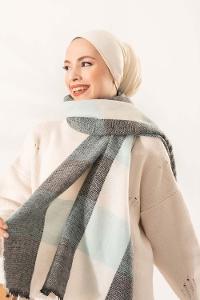 Modalamelif Ekose Kare omuz şal Mint Yeşili-Ekru