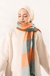 Modalamelif Ekose Kare omuz şal Oranj-Petrol Yeşili