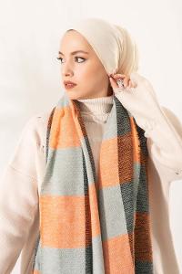 Modalamelif Ekose Kare omuz şal Oranj-Petrol Yeşili