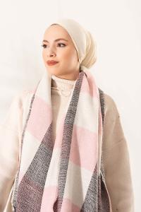 Modalamelif Ekose Kare omuz şal Pudra-Ekru