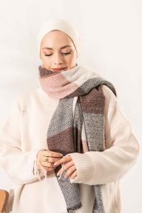 Modalamelif Ekose Kare omuz şal Pudra-Gri