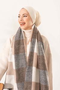 Modalamelif Ekose Kare omuz şal Taş-Soft Kahve