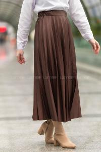 Modalamelif Bel Lastikli Piliseli Laklı Etek Acıkahve