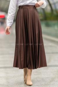 Modalamelif Bel Lastikli Piliseli Laklı Etek Acıkahve