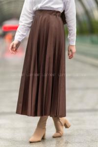 Modalamelif Bel Lastikli Piliseli Laklı Etek Acıkahve