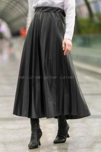 Modalamelif Bel Lastikli Piliseli Laklı Etek Siyah