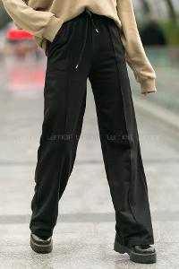 Modalamelif Geniş Kemerli Çımalı Bol Paça Eşofman Altı Siyah