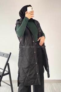 Modalamelif Kapüşonlu Çift Cepli Çıtçıt Düğme Şişme Mont Yelek Siyah