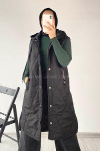 Modalamelif Kapüşonlu Çift Cepli Çıtçıt Düğme Şişme Mont Yelek Siyah