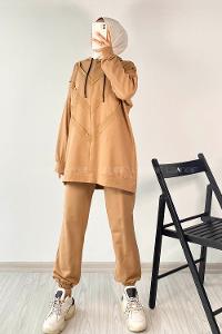 Modalamelif Pis Dikişli Kapüşonlu İkili Takım Sütlükahve