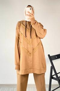 Modalamelif Pis Dikişli Kapüşonlu İkili Takım Sütlükahve