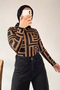 Lamelif Yarım Balıkçı Yaka Geometrik Desen Body Sütlükahve
