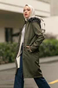 Modalamelif Kapşonlu Yaka Kürk Detaylı Mont Haki