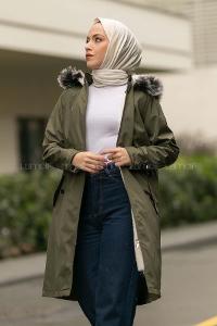 Modalamelif Kapşonlu Yaka Kürk Detaylı Mont Haki