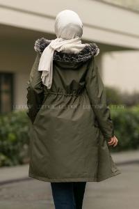 Modalamelif Kapşonlu Yaka Kürk Detaylı Mont Haki