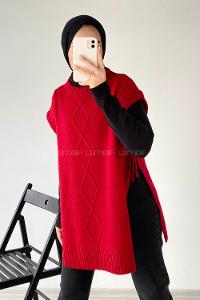 Modalamelif Kol Altı Bağcıklı Yırtmaçlı Süveter Kırmızı