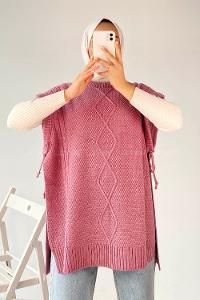 Modalamelif Kol Altı Bağcıklı Yırtmaçlı Süveter Yelek Gül