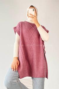 Modalamelif Kol Altı Bağcıklı Yırtmaçlı Süveter Yelek Gül