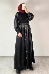 Modalamelif Yarım Düğmeli Deri Garnili Elbise Siyah