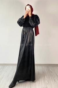 Modalamelif Yarım Düğmeli Deri Garnili Elbise Siyah