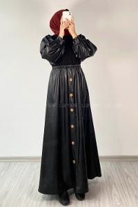 Modalamelif Yarım Düğmeli Deri Garnili Elbise Siyah