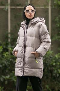 Modalamelif Kapşonlu Gizli Fermuarlı Şişme Mont Gri