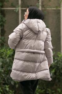 Modalamelif Kapşonlu Gizli Fermuarlı Şişme Mont Gri