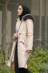Modalamelif Kapşonlu Yaka Kürk Detaylı Mont Ekru