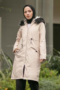 Modalamelif Kapşonlu Yaka Kürk Detaylı Mont Ekru